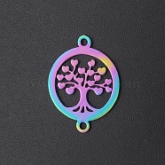 Ion Plating(IP) 201 Stainless Steel Links, Laser Cut, for Religion, Flat Round, with Tree of Life, Rainbow Color, 19x15x1mm, Hole: 1.2mm(STAS-R111-JA563)