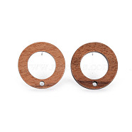 Walnut Wood Stud Earring, with 304 Stainless Steel Pin and Hole, Ring, Tan, 18mm, Hole: 1.6mm, Pin: 0.7mm(X-MAK-N032-035)