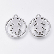 201 Stainless Steel Pendants, Laser Cut Pendants, Flat Round with Girl, Stainless Steel Color, 17.5x15.5x1mm, Hole: 1.4mm(STAS-S110-074P)