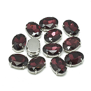 Sew on Rhinestone, Multi-strand Links, Glass Rhinestone, with Brass Prong Settings, Garments Accessories, Faceted, Oval, Platinum, Burgundy, 8x6x4mm, Hole: 0.8mm(RGLA-T091-6x8mm-18P)