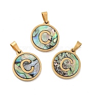 Vacuum Plating 304 Stainless Steel with Paua Shell Pendants, Golden, Flat Round with Letter Charm, Letter.C, 18x16x1.5mm, Hole: 3x6mm(STAS-G268-02C-G)