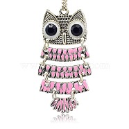 Antique Silver Alloy Enamel Owl Pendants, with Resin Cabochons, Pearl Pink, 48x21x2mm, Hole: 2.5mm(ENAM-J031-05AS)