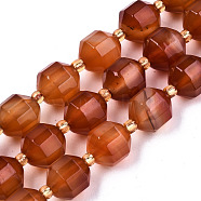 Natural Agate Beads Strands, Faceted, with Seed Beads, Dyed, Round, Chocolate, 10.5x9.5mm, Hole: 1.2mm, about 31~32pcs/strand, 14.96 inch(38cm)(G-T131-82B-13)