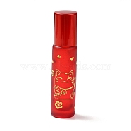 Glass Essential Oil Roller Bottles, with Lid and Stainless Steel Roller Balls, Refillable Bottles, Column with Fortune Cat Pattern & Chinese Character, Red, 2x8.6cm, Hole: 9.5mm, Capacity: 10ml(0.34fl. oz)(MRMJ-M002-02A-04)