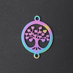 Ion Plating(IP) 201 Stainless Steel Links, Laser Cut, for Religion, Flat Round, with Tree of Life, Rainbow Color, 21x16x1mm, Hole: 1.6mm(STAS-R111-JA563)