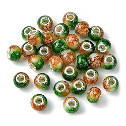Two Tone Glass European Beads, Large Hole Beads, with Silver Tone Brass Double Cores, Rondelle, Green, 15x11mm, Hole: 5mm(GPDL-K003-01A)