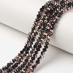 Electroplate Opaque Glass Beads Strands, Half Copper Plated, Faceted, Rondelle, Black, 3.5x3mm, Hole: 0.4mm, about 123~127pcs/strand, 13.7~14.1 inch(35~36cm)(EGLA-A034-P3mm-N01)