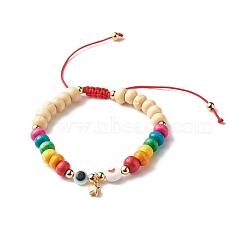 Evil Eye Star Heart Braided Bead Bracelet for Kid, Dyed Natural Wood Beads Adjustable Bracelet, Colorful, Inner Diameter: 1-7/8~3-3/8 inch(4.8~8.7cm)(BJEW-JB06777)
