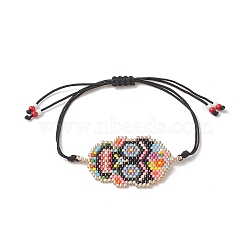 Handmade Japanese Seed Skull Link Bracelet, Braided Adjustable Bracelet for Women, Black, Maximum Inner Diameter: 3-3/4 inch(9.5cm)(BJEW-MZ00021-01)