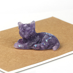 Natural Amethyst Cat Display Decorations, Sequins Resin Figurine Home Decoration, for Home Feng Shui Ornament, 80x50x50mm(WG85528-11)