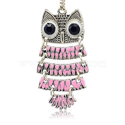 Antique Silver Alloy Enamel Owl Pendants, with Resin Cabochons, Pearl Pink, 48x21x2mm, Hole: 2.5mm(ENAM-J031-05AS)