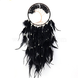 Tree of Life Wrapped Natural Black Quartz Chips Woven Web/Net with Feather Decorations, for Home Bedroom Hanging Decorations, Black, 600x160mm(PW-WG91800-01)