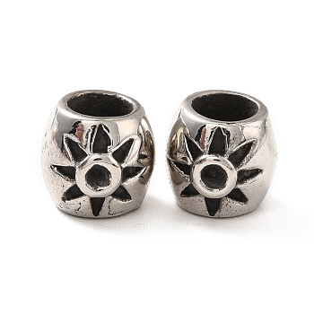316 Surgical Stainless Steel European Beads, Large Hole Beads, Column with Flower, Antique Silver, 9.5x9mm, Hole: 6mm