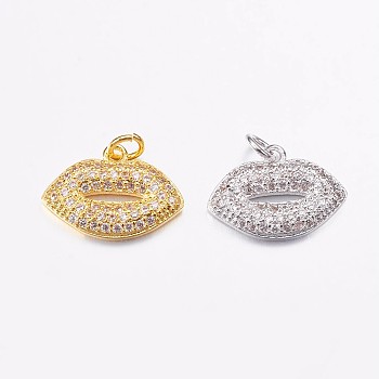 Brass Micro Pave Cubic Zirconia Pendants, Lip, Mixed Color, 11.5x16x2mm, Hole: 3mm