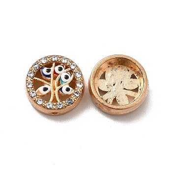 Alloy Enamel Beads, with Crystal Rhinestone, Flat Round with Tree of Life & Evil Eye, Light Gold, 12x4.5mm, Hole: 1.5mm