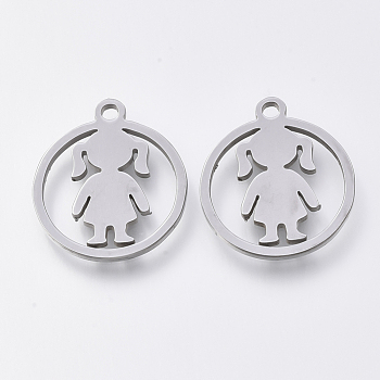 201 Stainless Steel Pendants, Laser Cut Pendants, Flat Round with Girl, Stainless Steel Color, 17.5x15.5x1mm, Hole: 1.4mm