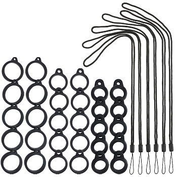 24Pcs 2 Style Silicone Rings with 12Pcs Adjustable Necklace Lanyard Anti-Lost Pendant Holder, for Pen, Phone, Badge Holder, Black, Inner Diameter: 1.3cm