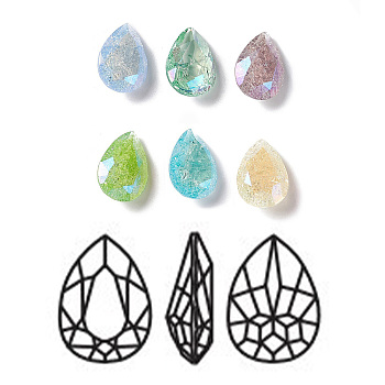 Crackle Moonlight Style K9 Glass Rhinestone Cabochons, Pointed Back, Teardrop, Mixed Color, 10x7x4~4.5mm