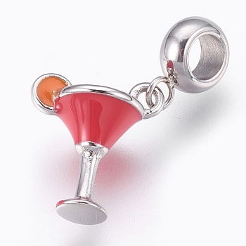 304 Stainless Steel European Dangle Charms, Large Hole Pendants, with Enamel, Cup, Crimson, Stainless Steel Color, 25mm, Hole: 4mm, Pendant: 15x13x9mm