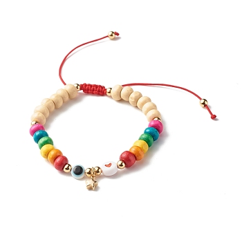 Evil Eye Star Heart Braided Bead Bracelet for Kid, Dyed Natural Wood Beads Adjustable Bracelet, Colorful, Inner Diameter: 1-7/8~3-3/8 inch(4.8~8.7cm)