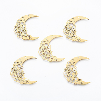 201 Stainless Steel Pendants, Moon with Flower, Real 18K Gold Plated, 36x32x1mm, Hole: 1.4mm