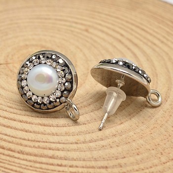 Pearl Rhinestone Ear Stud Findings, with Platinum Plated Brass Finding, White, 18x14mm, pin: 0.8m