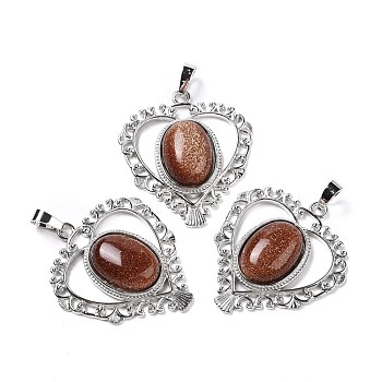 Synthetic Goldstone Pendants, Eco-Friendly Brass Finding, Platinum, Cadmium Free & Lead Free, Heart, 38.5x34.5x7.5mm, Hole: 7x5mm