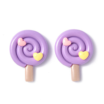 Opaque Resin Cabochons, Lollipop with Heart, Lilac, 34.5x26x8.5mm