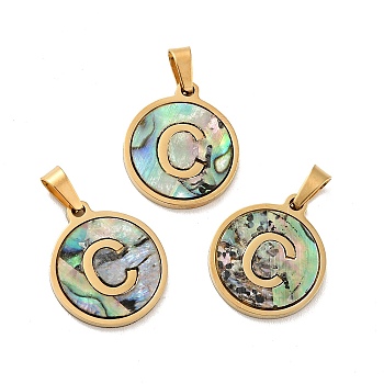 Vacuum Plating 304 Stainless Steel with Paua Shell Pendants, Golden, Flat Round with Letter Charm, Letter.C, 18x16x1.5mm, Hole: 3x6mm