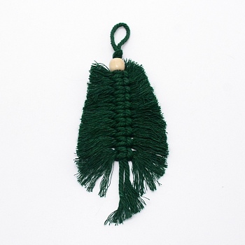 Christmas Theme Leaf Knitting Pendant Decorations, with Cotton Cord & Wooden Bead, Dark Green, 175mm