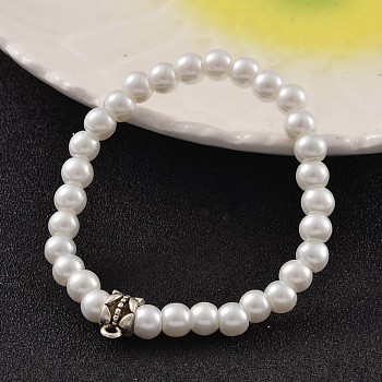 Round Glass Pearl Beaded Stretch Bracelets, with Tibetan Style Alloy Tube Bails, Antique Silver, White, 48mm