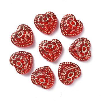 Plating Acrylic Beads, Metal Enlaced, Heart with Flower, Red, 17x18x6mm, Hole: 1.6mm, about 388pcs/500g