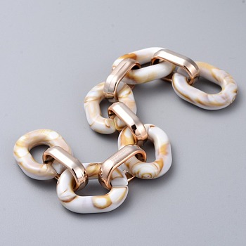 Imitation Gemstone Style Acrylic Handmade Cable Chains, with Rose Gold Plated CCB Plastic Linking Ring, Oval, Floral White, 39.37 inch(100cm), Link: 23.5x17.5x4.5mm and 18.5x11.5x4.5mm, 1m/strand