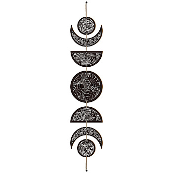 Moon Phase Wood Hanging Wall Decorations, with Cotton Thread Tassels, for Home Wall Decorations, Leaf Pattern, 72.5cm