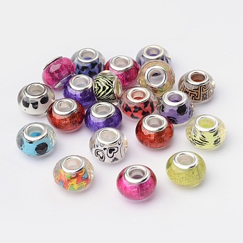 Large Hole Rondelle Acrylic European Beads, with Silver Color Plated Brass Double Cores, Mixed Color, 14mm, Hole: 5mm