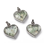 Glass Bottle Pendants, with Natural Prehnite Chips and Platinum Plated Alloy Findings, Heart, 40x32.5x11mm, Hole: 8x5mm(G-Z010-02D)