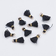 Nylon Tassels Pendant Decorations, Mini Tassel, with Golden Tone Iron Findings, Black, 10.5~14.5x2.5~3mm, Hole: 2mm(STAS-F142-05F)