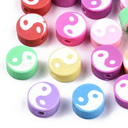 Handmade Polymer Clay Beads, Flat Round with Taiji, Mixed Color, 9~10x4~7mm, Hole: 1.6mm(CLAY-T016-30)
