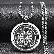 304 Stainless Steel Necklaces, with Rotatable Enamel Pendants, Flat Round with Yin-yang, Stainless Steel Color, 23.23 inch(59cm)(NJEW-P293-11P)