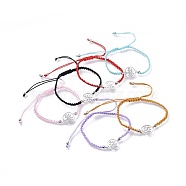 Adjustable Nylon Cord Braided Bracelets, with 201 Stainless Steel Links and Brass Round Beads, Flat Round with Tree, Mixed Color, 2-1/8 inch(5.5cm)(BJEW-JB04601)