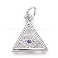 Brass Micro Pave Cubic Zirconia Pendants, with Jump Ring, Triangle with Evil Eye, Clear, Platinum, 13x12x2mm, Hole: 2.4mm(KK-D156-02P)