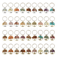 Flat Round with Tree of Life Gemstone Chips Keychains, with Alloy Findings, for Women Bag Car Key Pendant Decoration, 5.5x2.5cm, 36pcs/set(KEYC-AB00055)