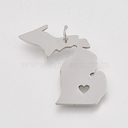 201 Stainless Steel Pendants, Map of Michigan, Stainless Steel Color, 26x18x1mm, Hole: 3mm(X-STAS-T038-84)