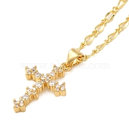 Real 18K Gold Plated Brass Micro Pave Clear Cubic Zirconia Pendant Necklaces for Women, Cross, 17.52 inch(44.5cm)(NJEW-K381-03A-G)