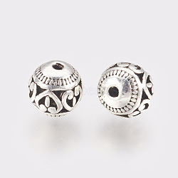Tibetan Style Alloy Beads, Hollow Round with Heart, Antique Silver, 11x10mm, Hole: 1.5mm(X-TIBEB-L002-08AS)