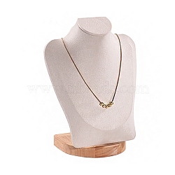 Bust Shaped Velvet Jewelry Necklace Display Stands, with Wood Base, for Necklace, White, 18.2x10.3x23.5cm(ODIS-B002-02A-03)