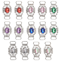 14Pcs 7 Colors Silver Plated Brass Rhinestone Connector Charms, Flower/Rectangle Links Ornament for Bikini Decoration, Mixed Color, 18.5x35x5mm, Hole: 9.5x4mm, 2pcs/color(RB-CA0001-06)