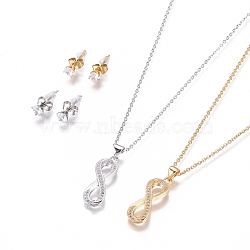 304 Stainless Steel Jewelry Sets, Brass Micro Pave Cubic Zirconia Pendant Necklaces and 304 Stainless Stud Earrings, with Plastic Ear Nuts/Earring Back, Infinity, Clear, Golden & Stainless Steel Color, 17.52 inch(44.5cm), 1.5mm, 15x5.5mm, Pin: 0.7mm(SJEW-F214-07)