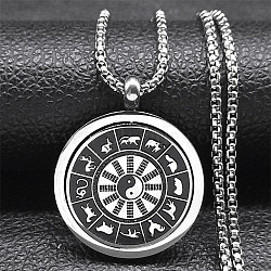 304 Stainless Steel Necklaces, with Rotatable Enamel Pendants, Flat Round with Yin-yang, Stainless Steel Color, 23.23 inch(59cm)(NJEW-P293-11P)