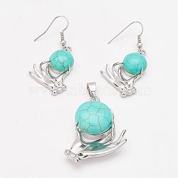 Synthetic Turquoise Pendants and Dangle Earrings Jewelry Sets, with Brass Findings, Hand & Half Round, 37x29x10mm, hole: 4.5x7mm; 45mm, pin: 0.5mm(SJEW-F143-01P)